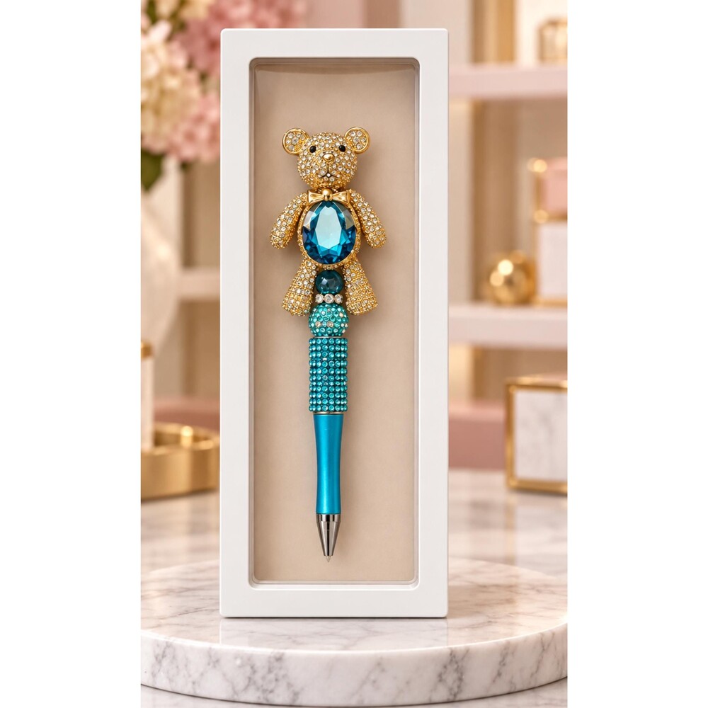 Handmade Jeweled Teddy Bear Pen, Blue Rhinestone Pen, Gold Bear Gift Pen